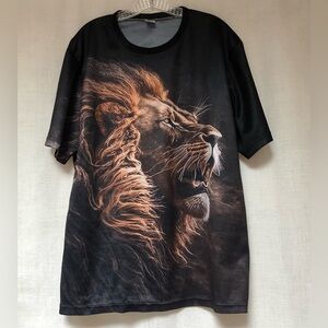 Men’s rayon black T-shirt,brown lion’s head print. Size XXL,length 29”,Ptp 24”.